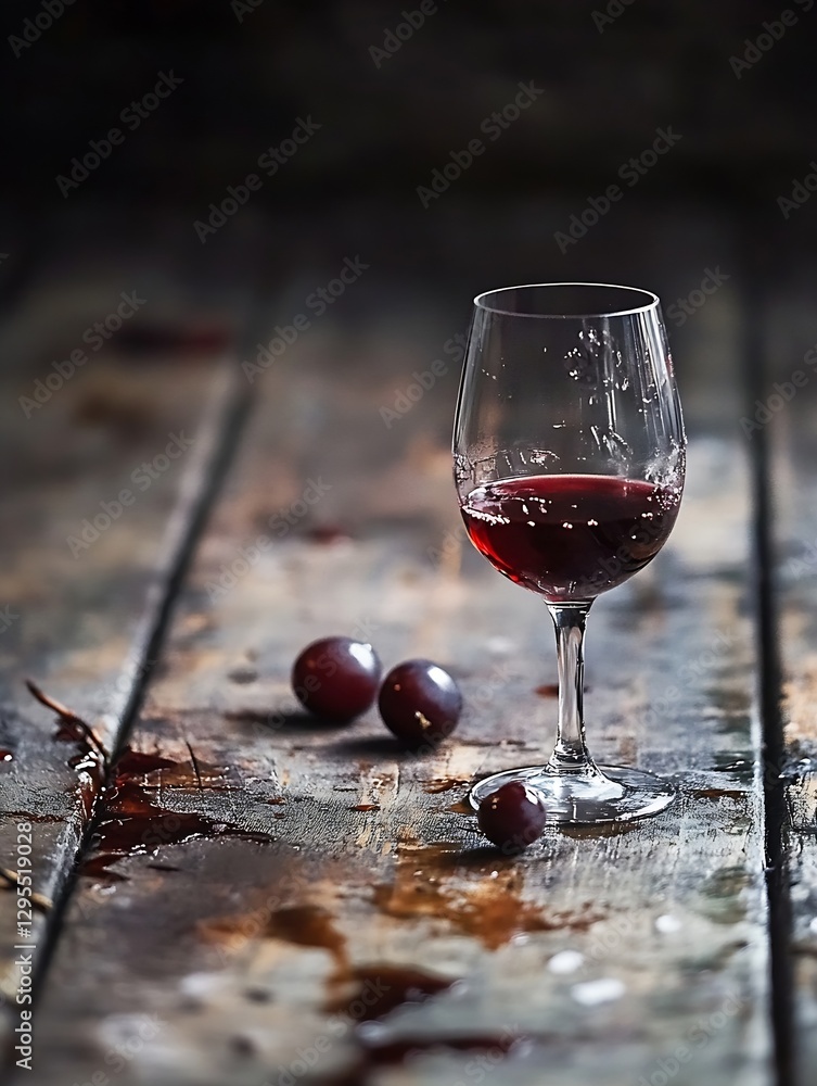 Poster elegant glass of red wine surrounded by grapes on weathered rustic wooden table : generative ai