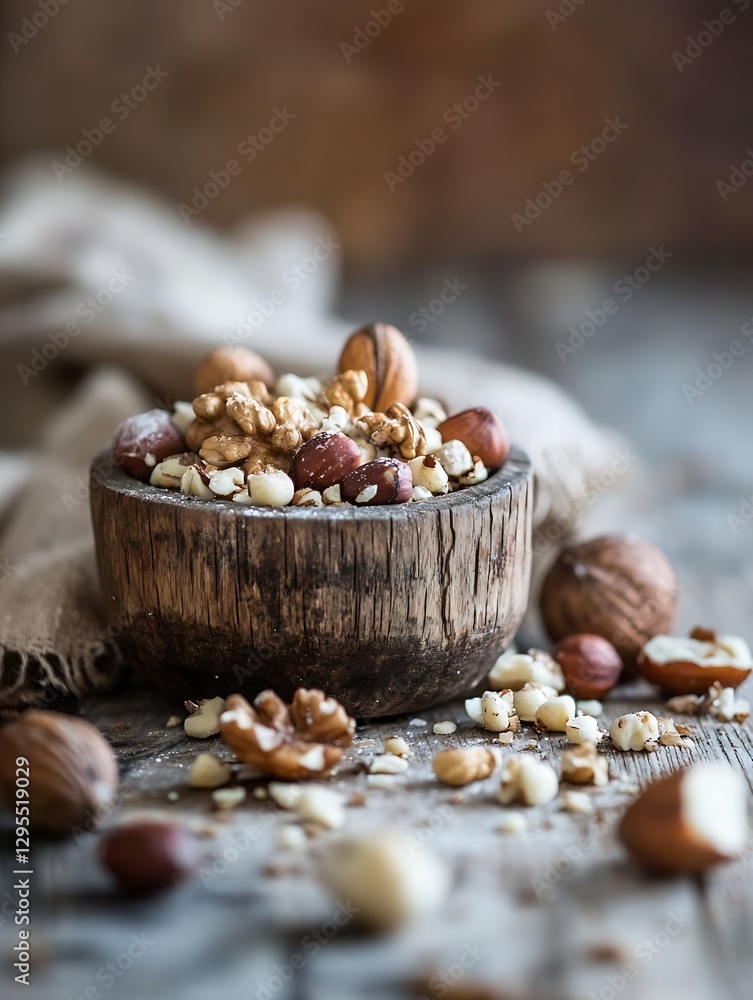 Aufkleber Mixed Nuts Displayed in a Rustic Wooden Bowl on a Textured Surface : Generative AI