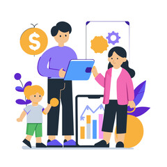 Family business meeting with digital tools in modern office setting. Parents and child collaborating on financial project in a casual, collaborative work space.