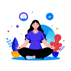 Relaxed female professional meditating in a modern setting. Woman in a comfortable pose, at home or in a office with various plants and colors.