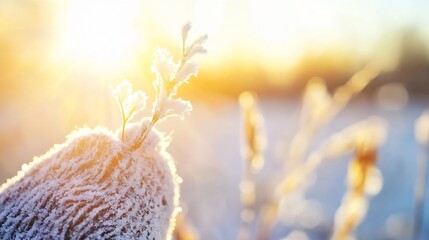 Frosted Plant Against a Beautiful Sunlit Background Capturing Winter Glow : Generative AI