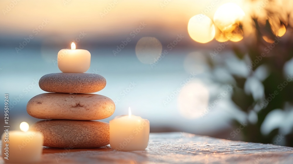Aufkleber serene stacked stones and candles with soft ocean background creating a tranquil zen atmosphere : ge