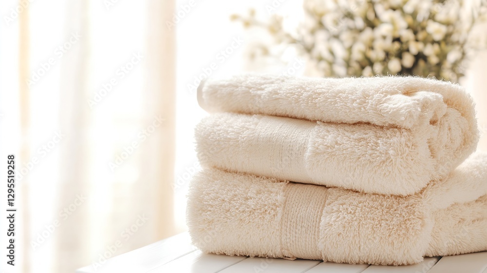 Leinwandbilder folded soft beige towels stacked neatly on a surface in bright indoor light setting : generative ai