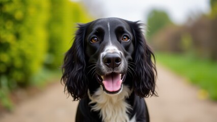 A sprocker spaniel with black and white fur is sitting on a path with greenery in the background.