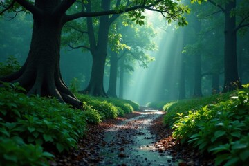 Obraz premium Rainy day forest atmosphere, droplets, watercolor style, mist