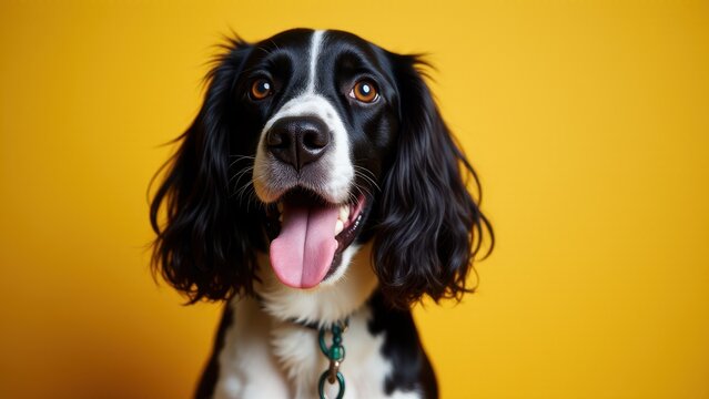 A sprocker spaniel with black and white fur and a green collar sits against a yellow background, tongue out and looking forward.