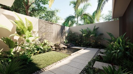 A stylish urban backyard with a dark-toned theme and a modern water wall for relaxation.