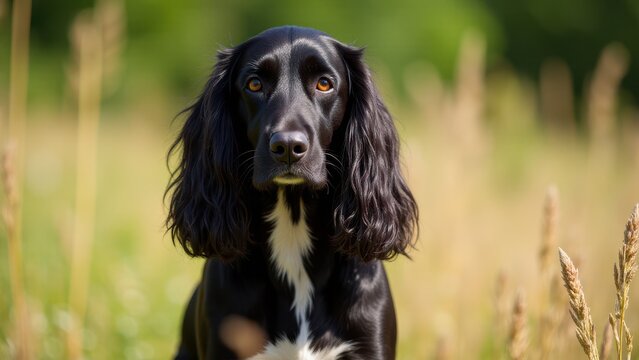 A sprocker spaniel with black and white fur is sitting in a field of tall grass.