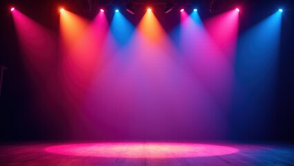 Colorful stage backdrop with vibrant spotlights in red, orange, blue, and pink illuminating an empty stage.