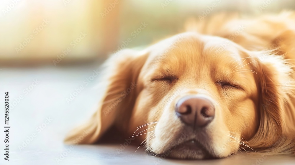 Poster close up of golden retriever dog sleeping calmly on bright surface : generative ai