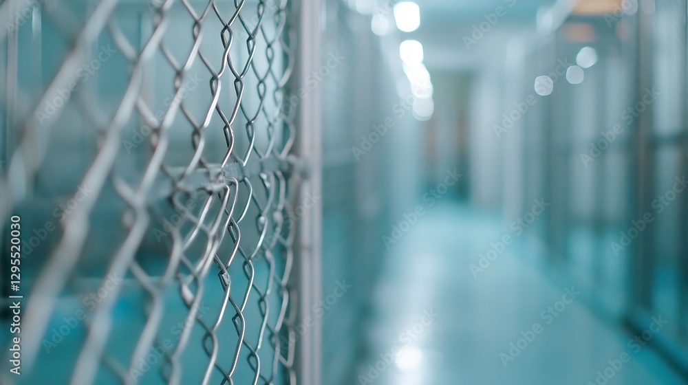 Aufkleber Empty corridors with metal fence inside a modern building : Generative AI