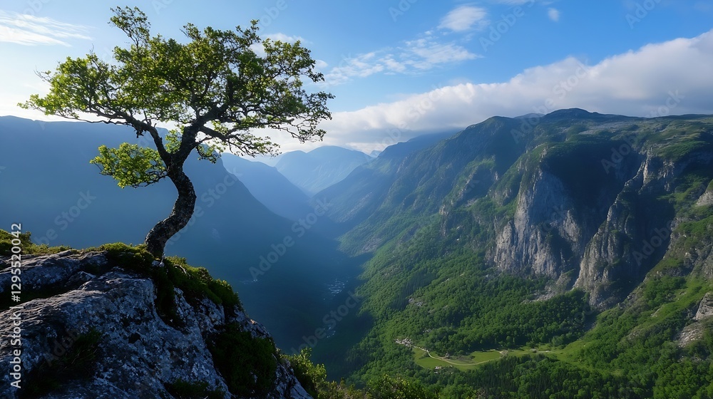 Aufkleber stunning panoramic view of mountains with a single tree against a blue sky in a serene natural lands