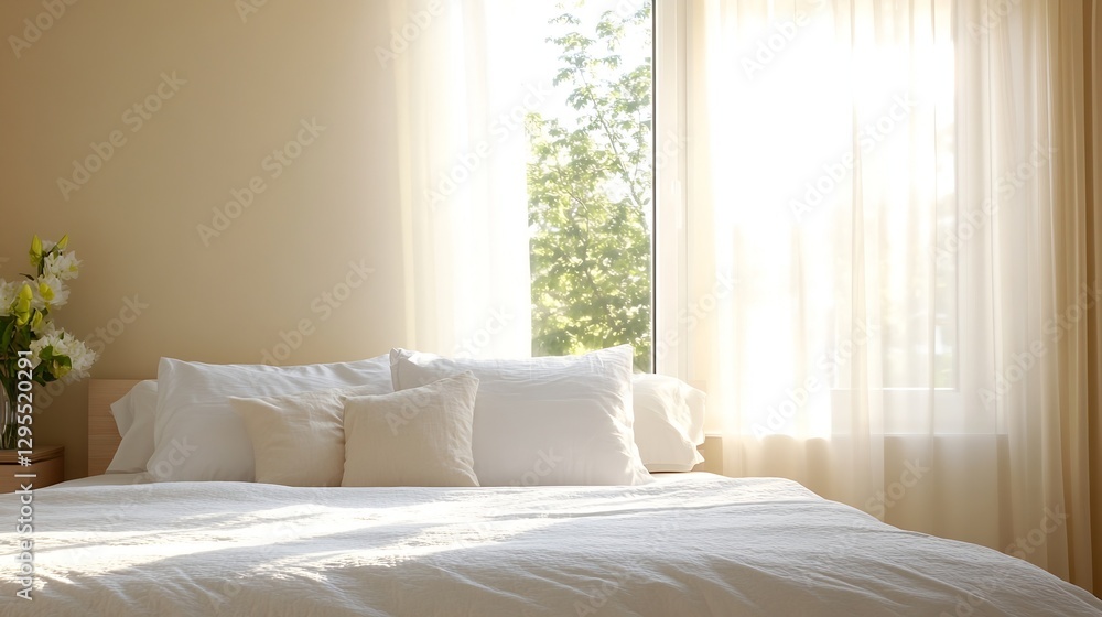Poster bright and airy bedroom with soft linens and sunlight streaming through curtains : generative ai