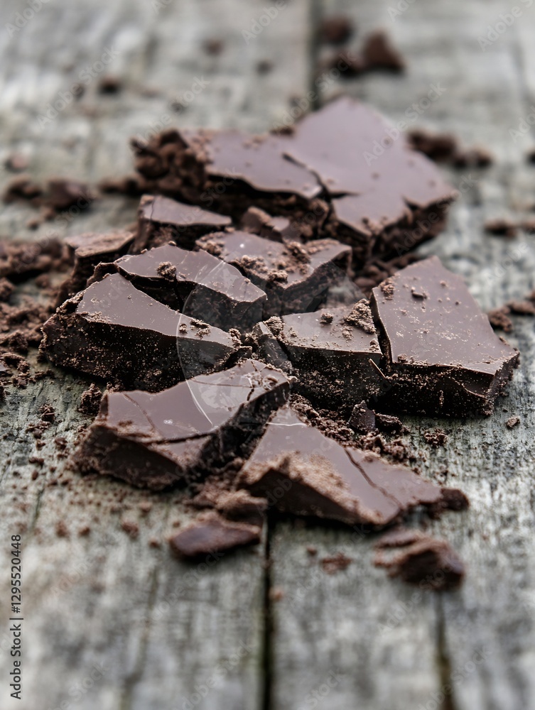 Poster roughly broken dark chocolate pieces scattered on a rustic wooden surface showcasing rich texture an