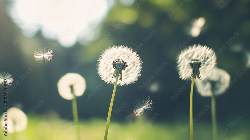 Poster Peaceful Dandelion Scene with Soft Focus and Beautiful Bokeh Effect in Nature : Generative AI