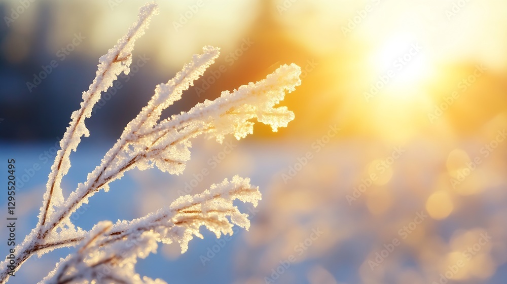 Poster frost-covered branches illuminated by the warm glow of the sun in a magical winter scene : generativ