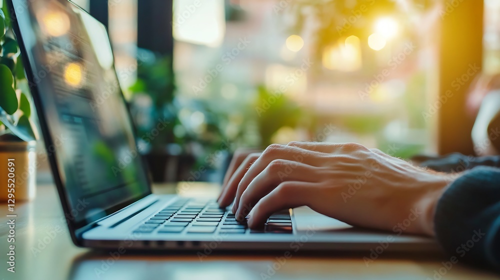 Poster Focused hands typing on a laptop in a sunlit cafe showcasing productivity and creativity : Generative AI