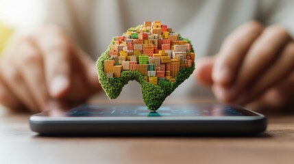 Person holding smartphone with miniature city model on top in a modern logistics warehouse setting