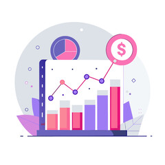 Naklejka premium Financial growth displayed on a digital presentation with rising bar graphs and a pie chart. Trendy visuals show positive financial outcomes in a modern, clean design.