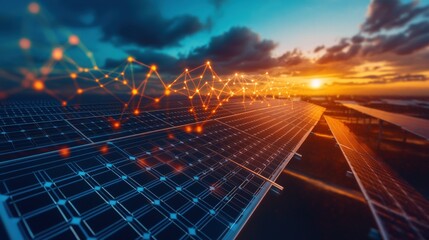 Solar panels at sunset with close-up view of solar power plant and sky background during evening hours