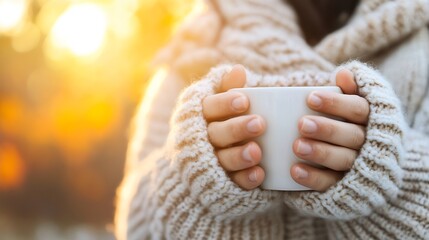 Woman Holding a Warm Cup of Drink While Snuggled in a Cozy Sweater : Generative AI