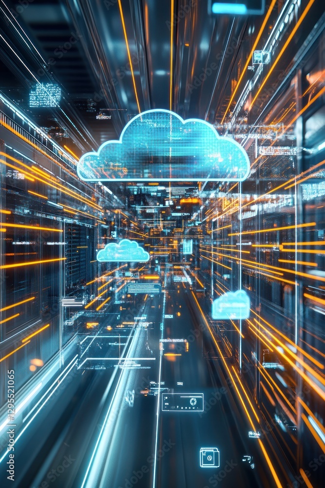 Poster a futuristic digital landscape depicting a high-speed data transfer environment with glowing cloud i