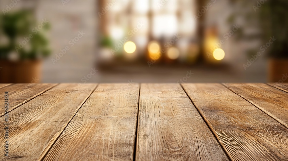 Aufkleber Warm wooden table surface with soft bokeh background creating a cozy indoor atmosphere : Generative AI