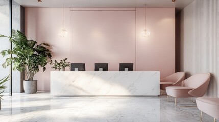 Modern hotel reception area featuring elegant pink and marble accents