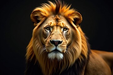 Fototapeta premium Regal lion with golden mane and black spots, lion, natural world, royalty