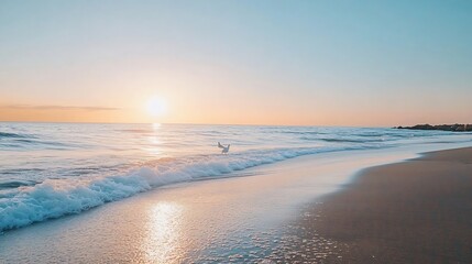 Tranquil Sunset Over Ocean Waves with Silhouette of a Bird at the Beach : Generative AI
