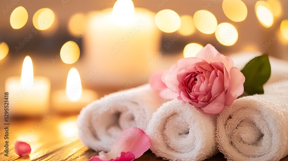 Poster luxurious spa setting with towels, rose, and candles inviting relaxation and indulgence : generative