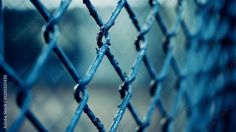 Poster close up of blue chain link fence with shiny metal links and outdoor background : generative ai