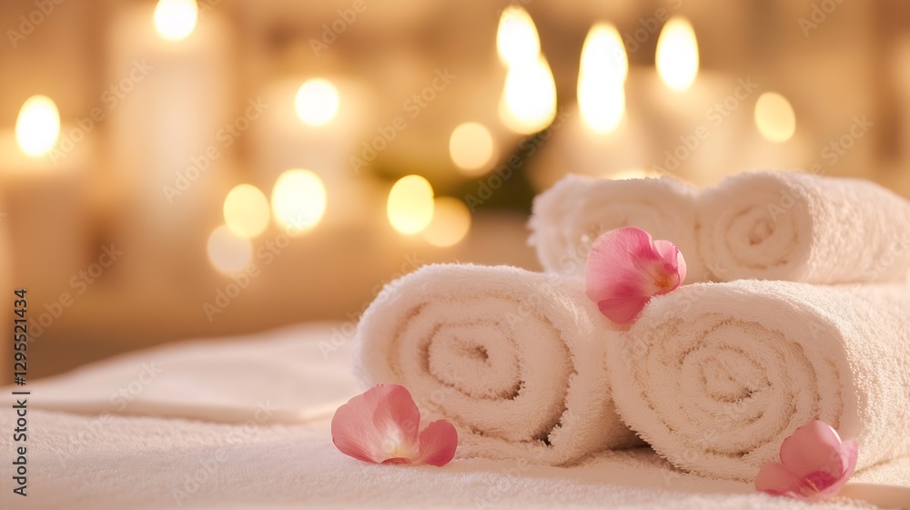 Poster elegant spa towels rolled with petals and soft lighting for tranquil wellness atmosphere : generativ