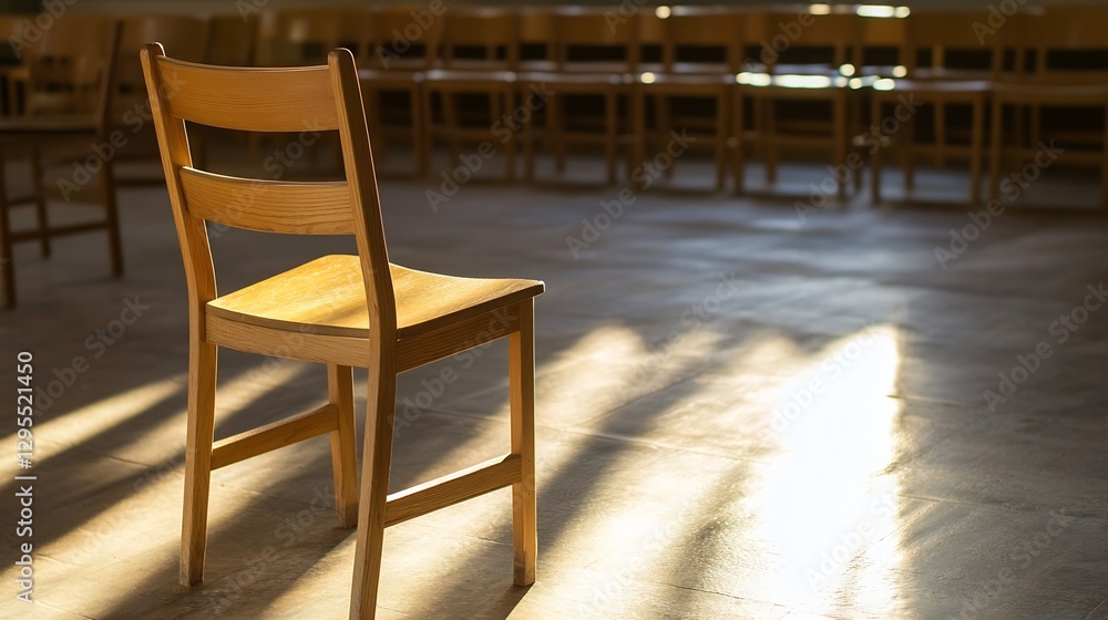Poster empty wooden chair bathed in warm sunlight creating an inviting atmosphere in a peaceful indoor spac