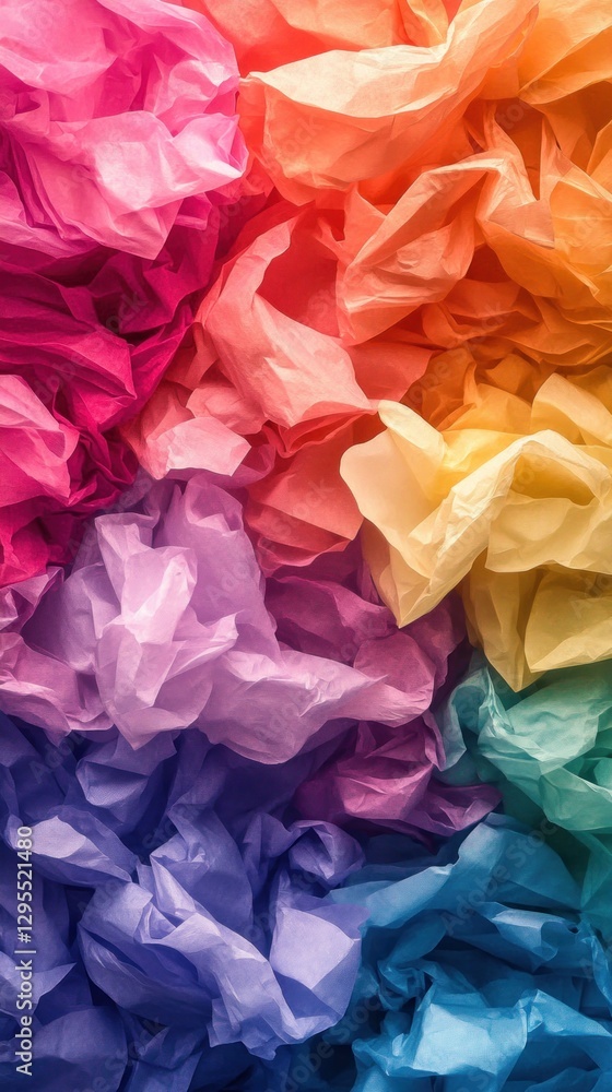 Poster a vibrant and colorful arrangement of crumpled tissue paper in a gradient of hues from pink to purpl