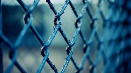 Fototapeta premium Close Up of Blue Chain Link Fence with Shiny Metal Links and Outdoor Background : Generative AI