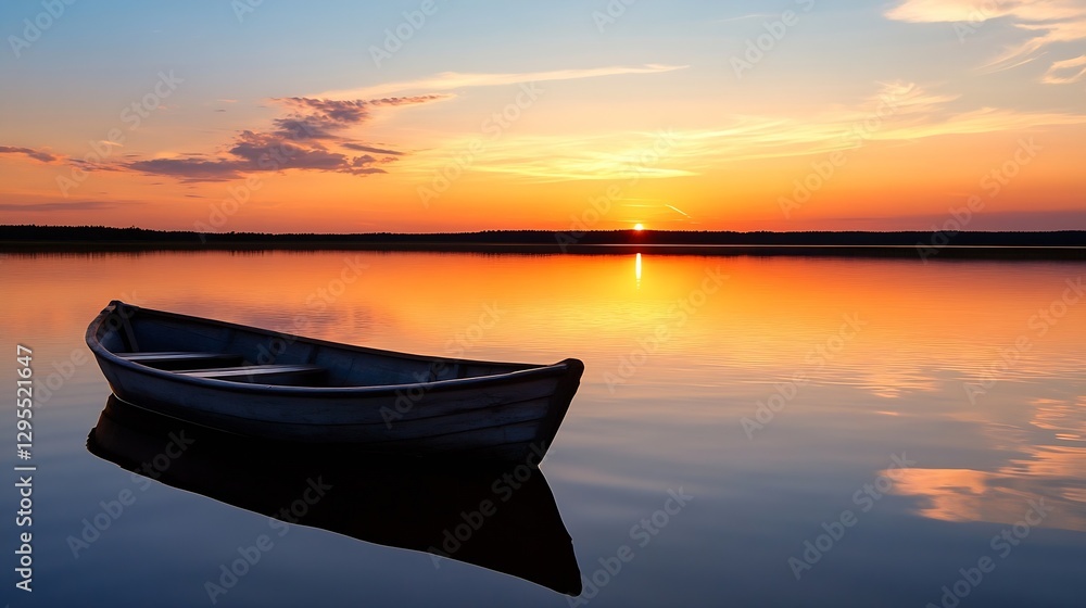 Poster serene sunset over calm waters with a wooden boat floating peacefully symbolizing tranquility and re
