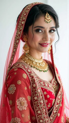 Beautiful indian women wearing traditional bridal dress with jewelry, white background