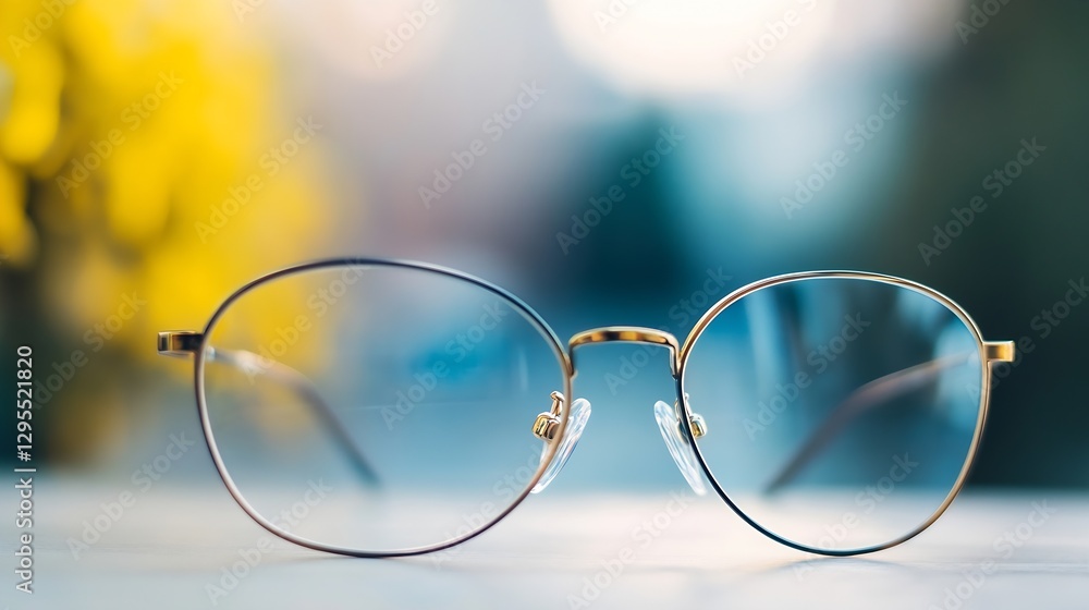 Aufkleber elegant round eyeglasses resting on a table with a soft blurred background of yellow flowers : gener