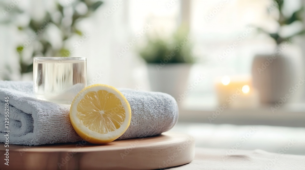Aufkleber Fresh Lemon Slice with Glass of Water and Relaxing Atmosphere in Modern Spa Setting : Generative AI