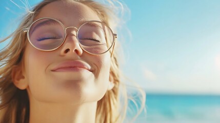 Naklejka premium Joyful Young Woman Smiling in Sunglasses on Beach Under Clear Blue Sky for Happiness and Travel Vibes : Generative AI