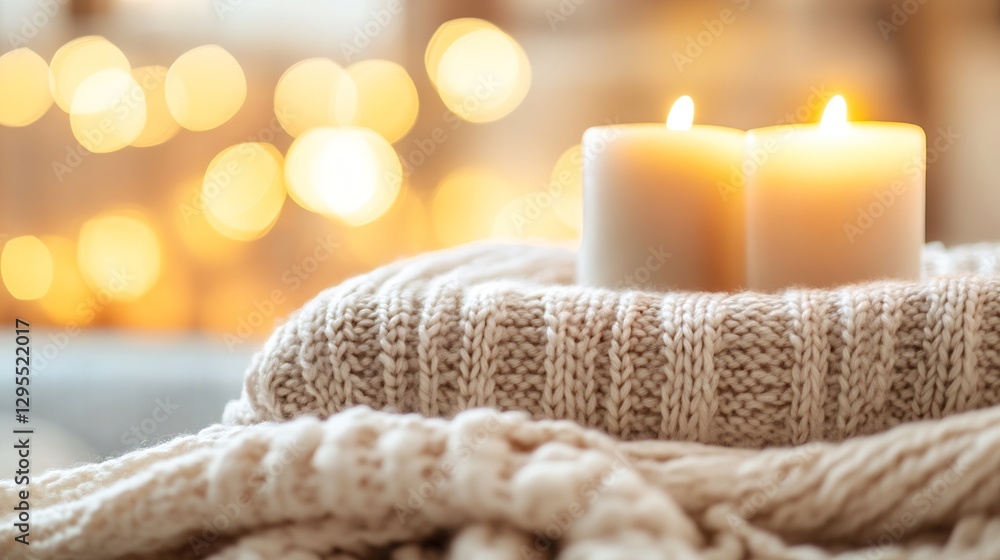 Fototapete two burning candles set on a knitted throw with bokeh lights creating a tranquil atmosphere : genera