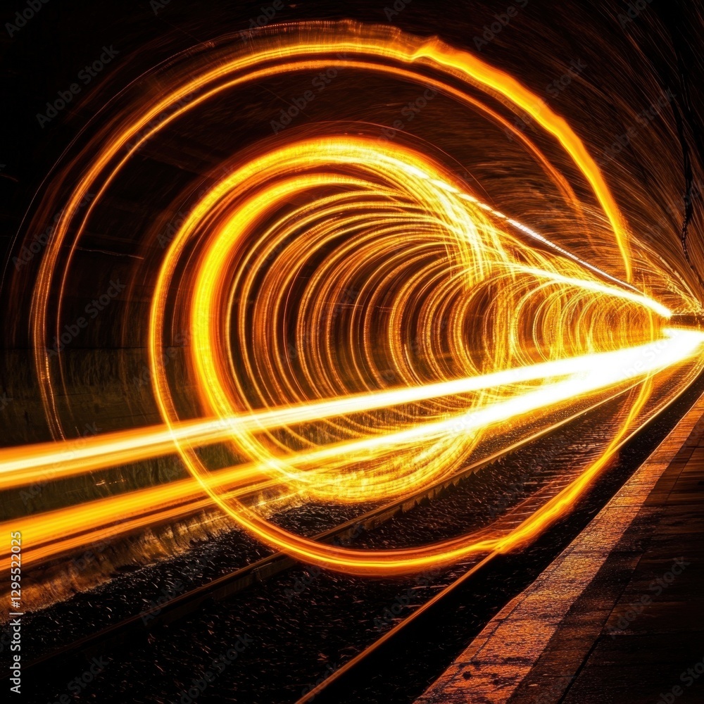 Poster captivating long exposure of train tunnel with vibrant orange light trails creating dynamic motion a