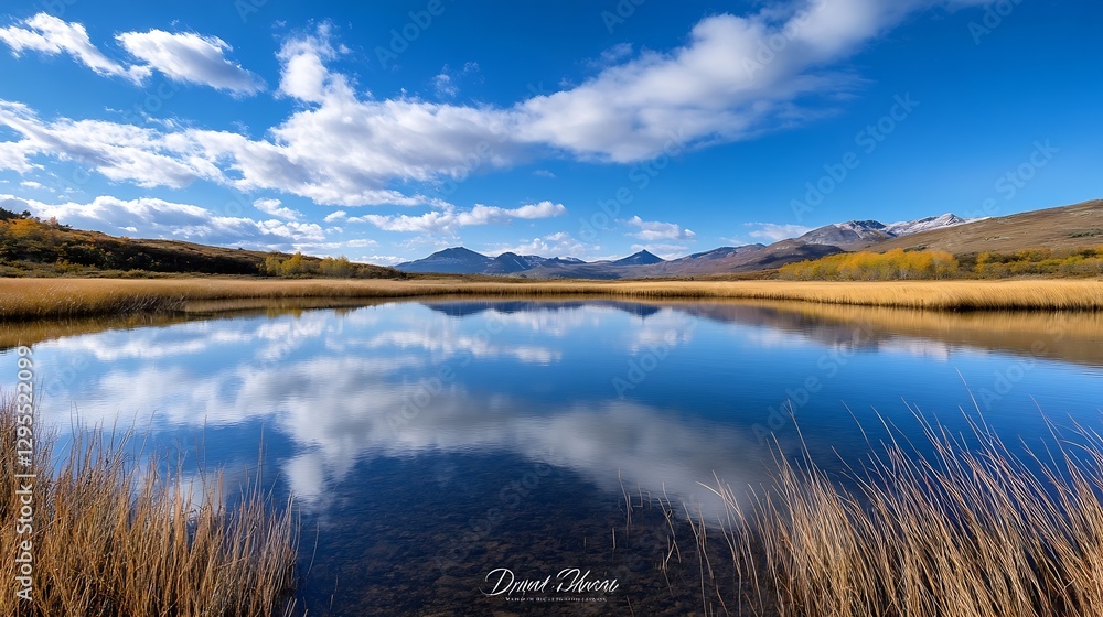 Aufkleber Tranquil Reflection of Mountains and Clouds in a Calm Lake Surrounded by Grasslands : Generative AI