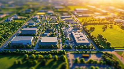 Aerial View of Industrial Park with Buildings and Green Fields.