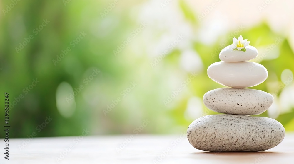 Poster balanced pebble stones with flower on soft focus green background : generative ai