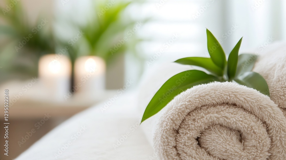 Poster Soft Rolled Towels with Green Leaves on Spa Table Complemented by Candles : Generative AI