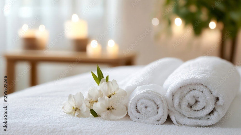 Poster Serene Spa Setting with Soft Towels and Elegant Flowers Surrounded by Soothing Candlelight : Generative AI