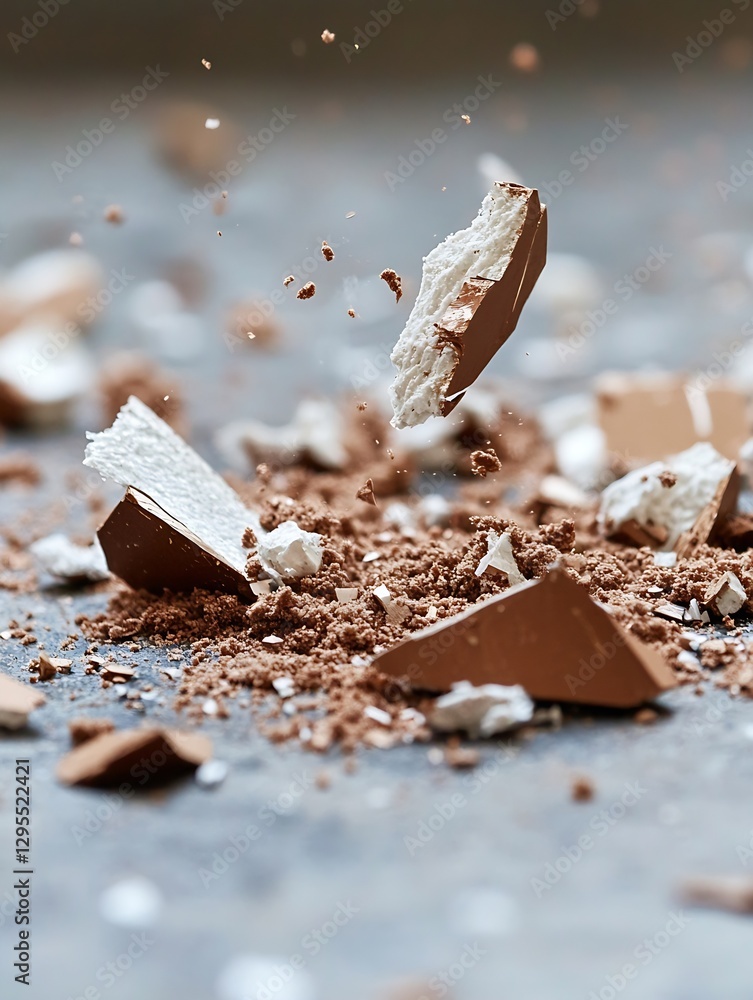 Poster dynamic explosion of chocolate pieces breaking apart on a textured surface captured in midair : gene