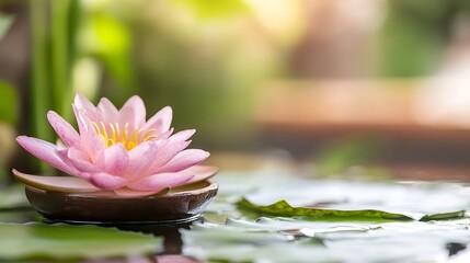 Beautiful Pink Lotus Flower Floating on Calm Water Surface : Generative AI